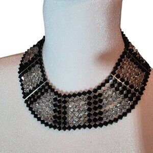 Black & Clear Beaded Necklace With Decorative Silver Clasp statement elegant